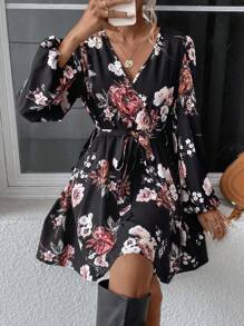 Breezaya Floral Print Lantern Sleeve Belted Dress