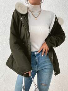 SHEIN Essnce Women Front Zip Long Sleeve Faux Fur Patchwork Minimalist Casual Hooded Winter Jacket - Army Green - View 5