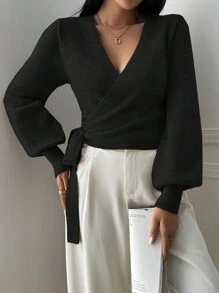 花卉裹身式短款V领系腰长羊腿袖休闲优雅女士毛衣 - 黑色 - 查看 4