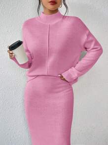 Chiquease 2pcs Set Minimalist Casual Drop Shoulder Knitted Sweater And Mini Skirt - Pink - View 4