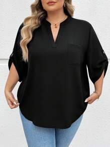 SHEIN CURVE+ 大码卷舌袖黑色衬衫，优雅，度假，基本款 - 黑色 - 查看 3