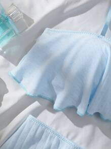 青少年女孩罗纹饰边和波浪边休闲内衣套装 - 藍色 - 查看 4