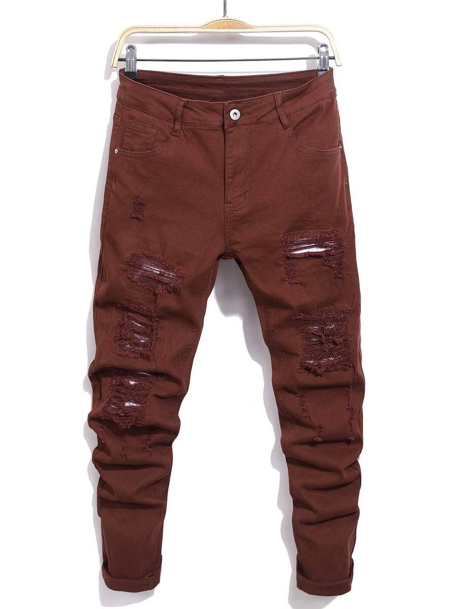 Manfinity Homme Men's Ripped Skinny Distressed Denim Jeans, Casual Style - Burgundy - View 1