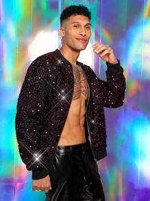 Manfinity VCAY Men Fashion Zip Up Sequin Bomber Jacket - Red - View 7