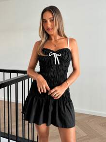 SHEIN Essnce Women's Casual Bow Decor Suspender Mini Dress