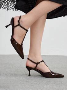 CUCCOO BIZCHIC 女士时尚咖啡棕色T字带尖头低跟踝带鞋，通勤、约会、派对穿着，春季鞋款，春假、复活节、圣诞节春季鞋款 - 咖啡棕 - 查看 3