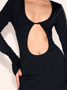 MUSERA 钥匙孔前襟修身长袖连衣裙，优雅春夏度假派对长裙 - 黑色 - 查看 5