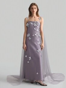 Ontre Women's Luxury Elegant Party Glitter 3D Butterfly Mesh Slip Dress, Pastel Purple - Light Grey - View 4