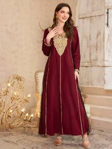 Al Najma 女士春夏网眼撞色金色蕾丝领开衫和阿拉伯传统长裙 - 紅色 - 查看 4