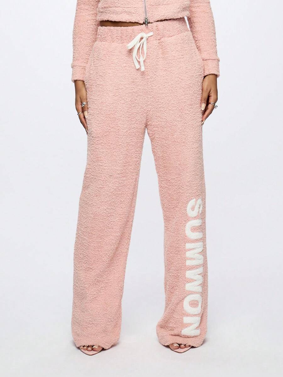 SUMWON WOMEN بنطال جوجر قماش ناعم وواسع الساق للراحة والقيلولة، بطانة قطنية دافئة للشتاء، خصر ربطة بسحاب، ملابس منزلية مريحة - وردي - مشاهدة 1