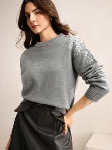 Anewsta Elegant Rhinestone Decor Crew Neck Women Pullover Sweater Knit Pullover Fall Winter