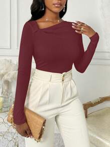 SHEIN Clasi Long Sleeve Asymmetric Neck Pleated Casual Solid Color T-Shirt, Spring & Autumn - Burgundy - View 4