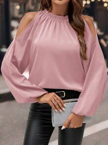 SHEIN Clasi Blusa Elegante e Romântica Preta com Ombros Abertos para Mulheres, Manga Longa com Detalhe de Babado Verde, para Uso Social e Diário - Rosa chiclete - Visão 4