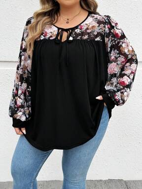 SHEIN CURVE+ Koszulka damska z okrągłym dekoltem i ściągaczem w dużych rozmiarach, kwiatowy nadruk, kontrastowe kolory, luźna, wygodna