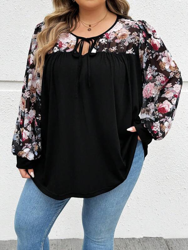 SHEIN CURVE+ Tricou pentru femei, cu gât rotund și cu șnur, cu imprimeu floral, culori contrastante, ocazional, confortabil