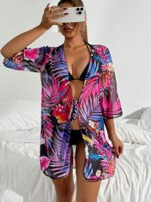 Swim Lushoire Women's Vacation Tropical Print Beach Kimono Cover Up Summer - Multicolor - View 3