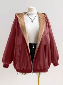 SHEIN EZwear 大码女式前拉链长袖口袋休闲连帽夹克 - 紅色 - 查看 3