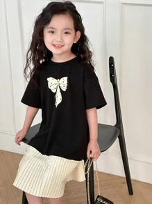 Dazy Kids 年轻女孩圆领蝴蝶结印花针织网眼拼接短袖春夏连衣裙 - 黑色 - 查看 7