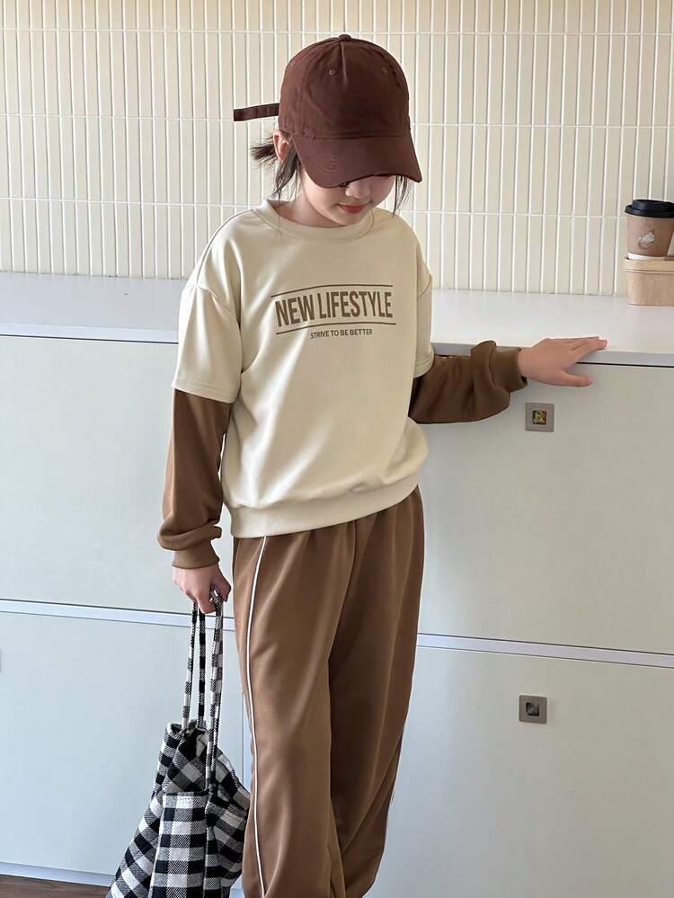 2pcs/Set Tween Girl Fall Knitted "Color" Letter Print Long Sleeve Sweatshirt + Knitted Sweatpants Outfit For Girls, Spring