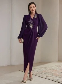 Modelyn 优雅派对女士水钻装饰灯笼袖裹身长裙长款晚礼服