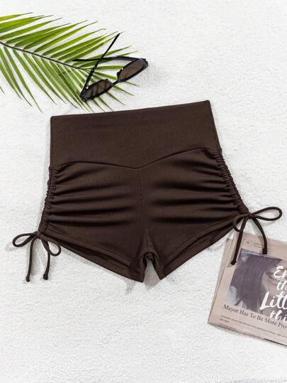 SHEIN Swim 纯色抽绳侧边设计比基尼泳裤，适合海滩和夏季度假