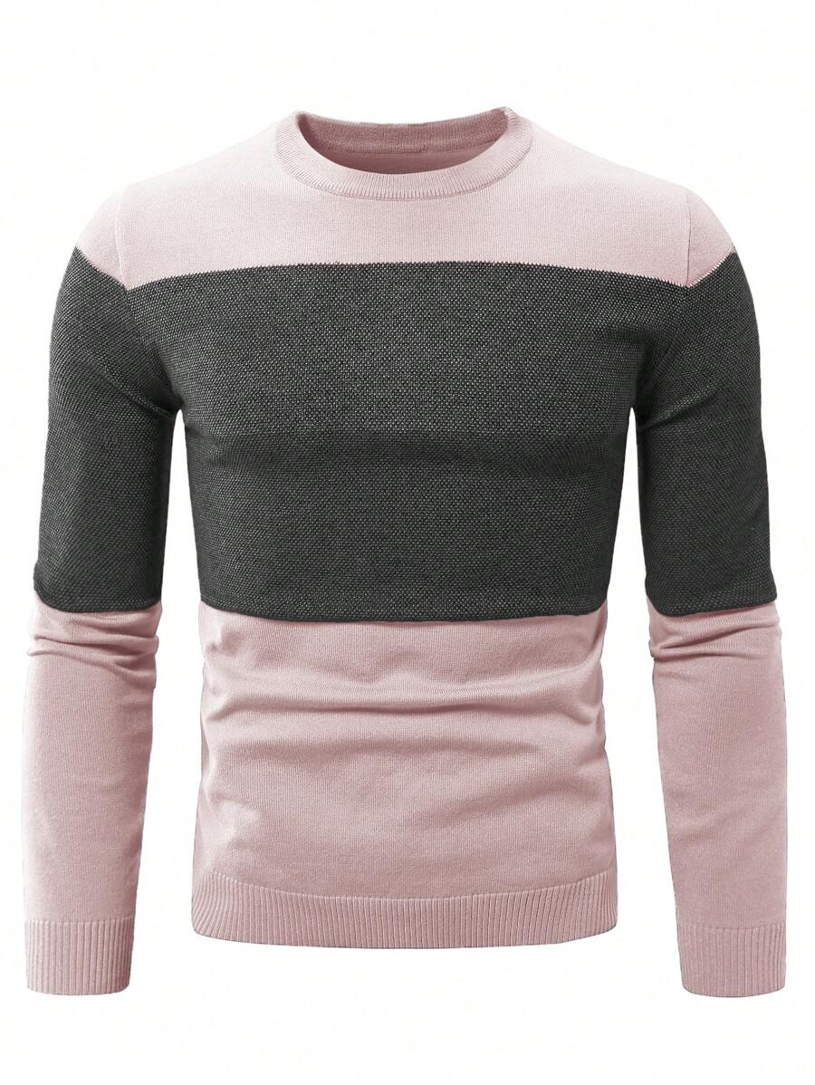 Manfinity Homme Men's Autumn/Winter Colorblock Round Neck Long Sleeve Casual Sweater - Pink - View 1