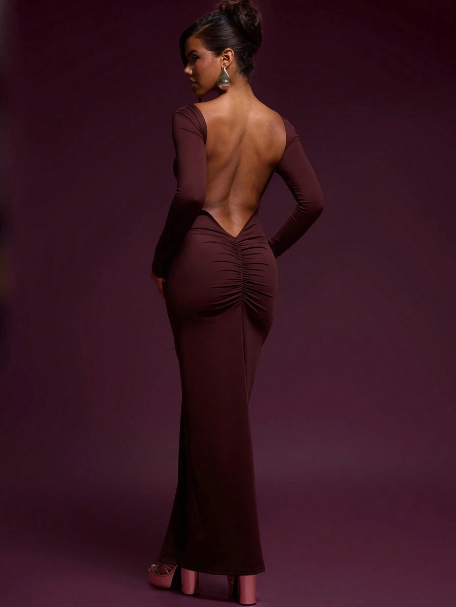 MUSERA 垂坠感十足的露背褶皱长裙，优雅的春夏度假派对长裙 - 咖啡棕 - 查看 1