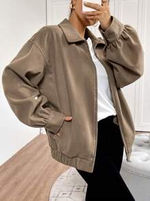 SHEIN EZwear Women Solid Color Zipper Casual Loose Fitting Long Sleeve Jacket - Brown - View 6