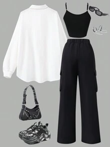 2pcs Teenage Girls Solid Color Button-Front Long Sleeve Jacket Top & Pants Casual Outfit Set - Black and White - View 2