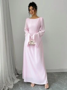 Elenzga 女士优雅浪漫雪纺纯色喇叭袖垂领落肩交叉系带长袖连衣裙长款女装 - 粉色 - 查看 3