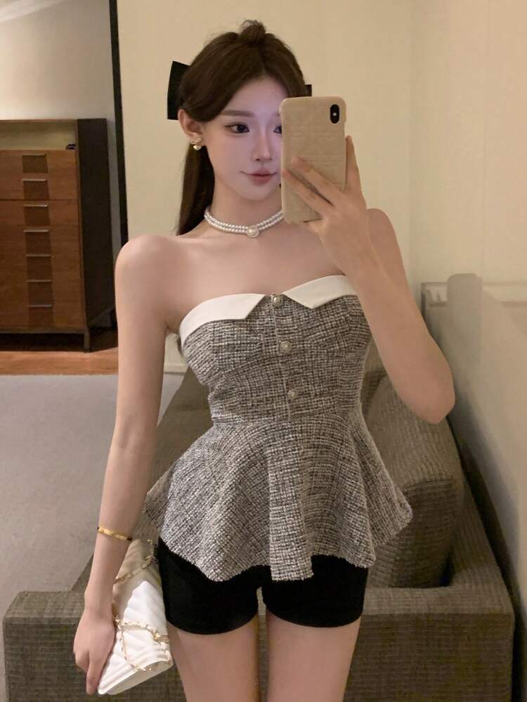 New Arrival Summer Spring Style Date Contrast Color Bandeau Top Plaid