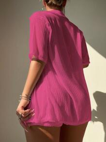 SHEIN Swim Summer Beach Solid Color Cover Up Top And Pants Set - Hot Pink - View 3