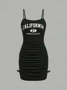 SHEIN Girlism Set de 2 piezas para adolescente: Sudadera corta de color liso y vestido camisola con plisado y estampado de letras