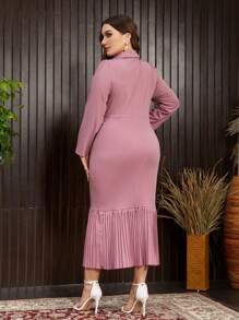 Modelyn Plus Size Solid Color Button Down Long Sleeve Tie Front Casual Dress
