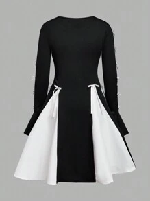 SHEIN Nova Glow Tween 女童蝴蝶结装饰圆领长袖拼色优雅黑白连衣裙，适合日常穿着、派对礼服，适合秋冬季 - 黑與白 - 查看 4