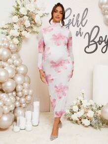Loomaby Maternity Floral Print Stand Collar Long Sleeve Slim Fit Dress, For Baby Shower Party - Black - View 6