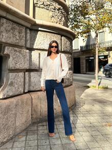 SHEIN LUNE Women's Floral 3D Collar Ribbed Edge White Sweater, Cute Knitted Pullover Fall Winter - Beige - View 5