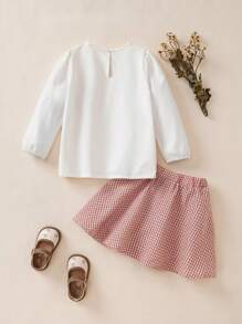 SHEIN 2pcs/Set Girls Apricot Long Sleeve Top & Skirt Set, Fashionable For Autumn - Apricot - View 2
