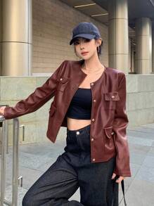 DAZY Chaqueta de PU de unicolor con botones delanteros, manga larga y bolsillo, estilo casual simple para mujer, ropa de otoño para la escuela - Burdeos - Ver 5