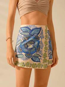 CAJUNI Damen Boho tropische Pflanzen Floral bunter Muster Shorts, lässige Sommer Strandshorts