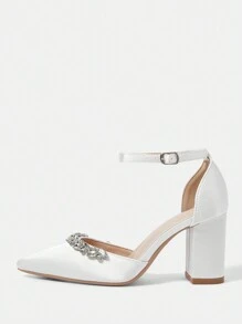 CUCCOO HITCHD 女士春夏新款 V 型白色低帮交叉系带优雅尖头踝带扣金属装饰 PU 皮革光泽柔软舒适休闲鞋舞会高跟鞋 - 米色 - 查看 2