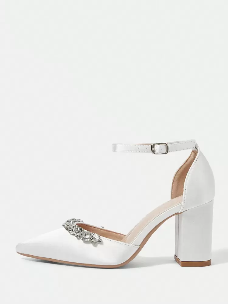 CUCCOO HITCHD Women's Summer/Summer New V-Cut White Low Vamp Crossed Tie Elegant Pointed Toe Ankle Strap Buckle Metal Decoration PU Leather Glossy Soft And Comfortable Casual Shoes Prom Heels For Christmas Valentine's Day Elegant Shoes Wedding Shoes Summer Shoes Bride Shoes