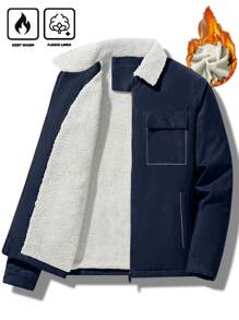 Manfinity Homme Oversized Men's Flap Pocket Teddy Lined Zipper Front Thermal Jacket - Blue - View 1