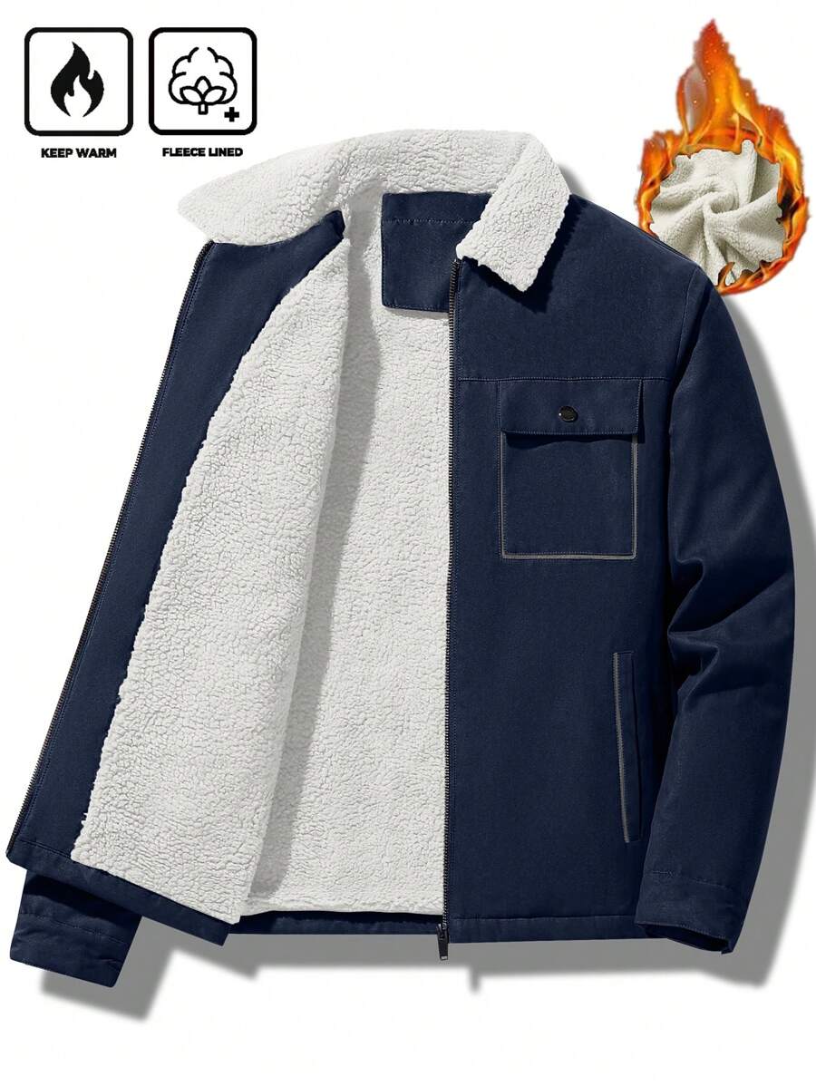 Manfinity Homme Oversized Men's Flap Pocket Teddy Lined Zipper Front Thermal Jacket - Blue - View 1