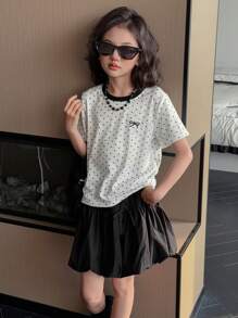 DAZY 2pcs/Set Tween Girl Round Neck Short Sleeve Allover Print Simple Top And Skirt Outfit,Girls Summer Outfits,Back To School Clothes - White - View 1