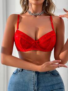 Valentine's Day Balconette Lace Splicing Underwire Bra For Women Lingerie - Red - View 1