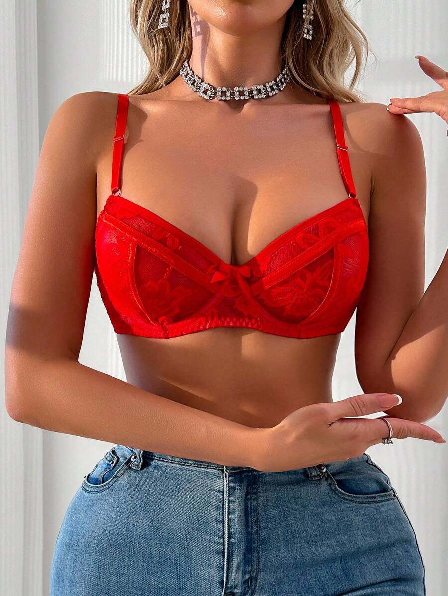 Valentine's Day Balconette Lace Splicing Underwire Bra For Women Lingerie - Red - View 1