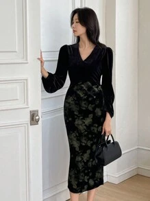 DAZY 女士中长款天鹅绒连衣裙，收腰设计，适合作为外套内的分层单品，秋季连衣裙长袖连衣裙 - 黑色 - 查看 4