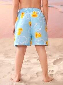 Young Boy Cartoon Duck Pattern Square Swim Trunks - Baby Blue - View 2