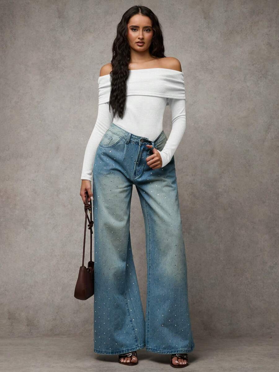 SHEIN BAE 仿羊绒优雅露肩长袖修身保暖紧身衣，适合日常穿着的休闲装、秋季女装、冬季女上衣 - 白色 - 查看 1